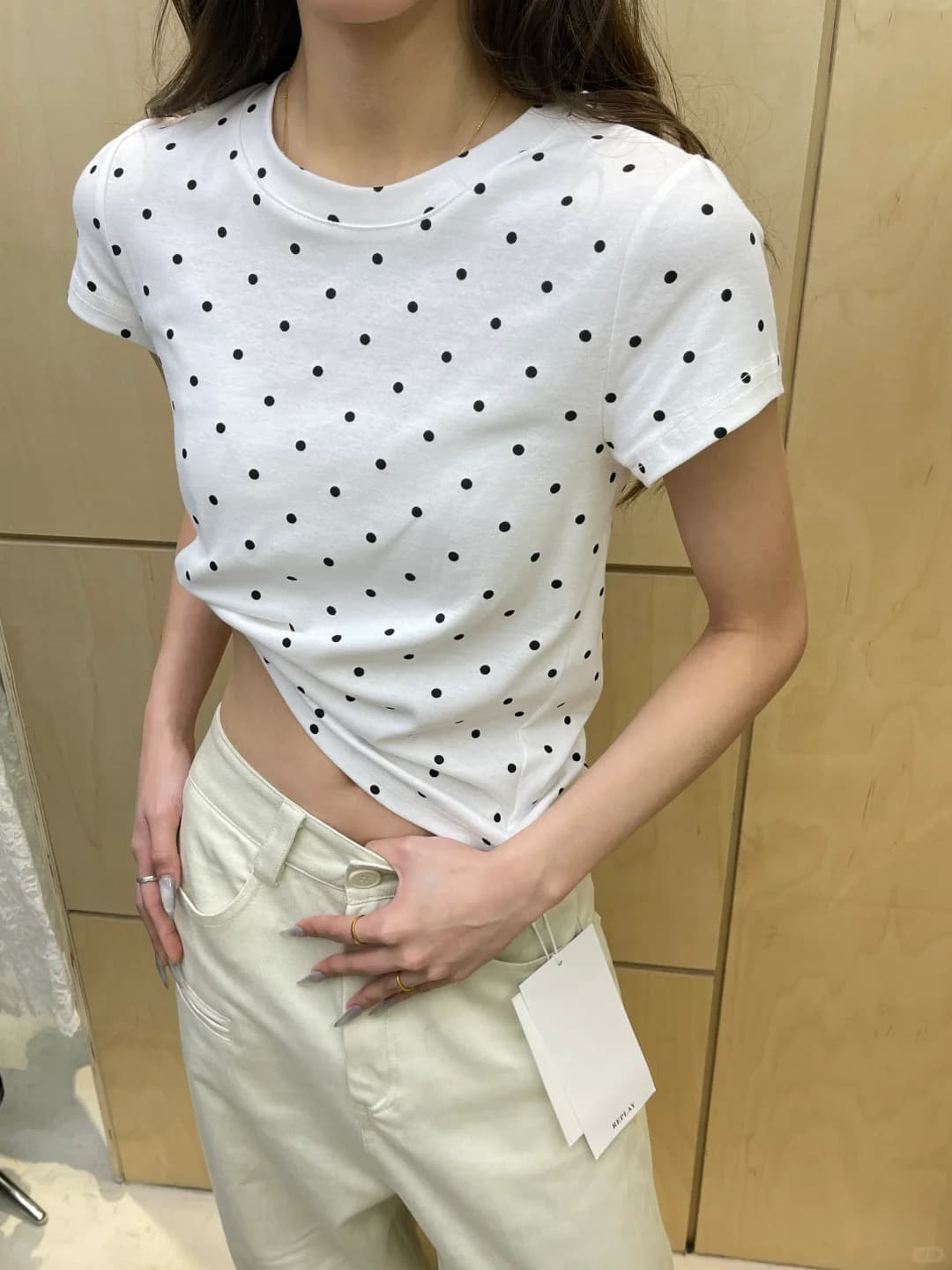 220 그램 40 1 1 순면 한 부서 새로운 패션 디자인 센스 라운드 넥 도트 무늬 프린트 반팔 티셔츠 상세 이미지 1