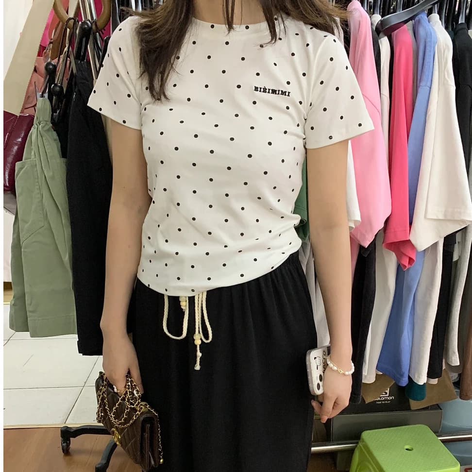 220 그램 40 1 1 순면 한 부서 새로운 패션 디자인 센스 라운드 넥 도트 무늬 프린트 반팔 티셔츠 상세 이미지 3