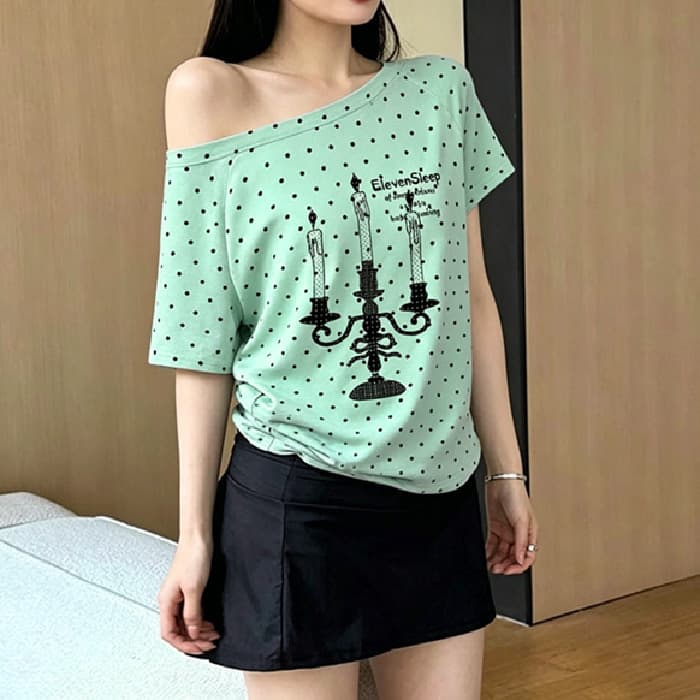 220 그램 40 1 1 순면 여름 새로운 한 부서 도트 무늬 비스듬한 칼라 오프숄더 프린트 섹션 반팔 상세 이미지 1