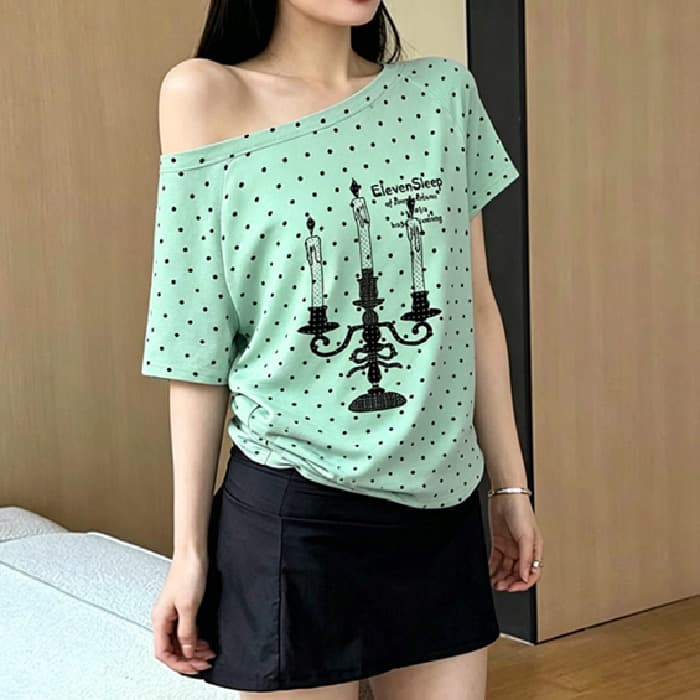 220 그램 40 1 1 순면 여름 새로운 한 부서 도트 무늬 비스듬한 칼라 오프숄더 프린트 섹션 반팔 상세 이미지 3