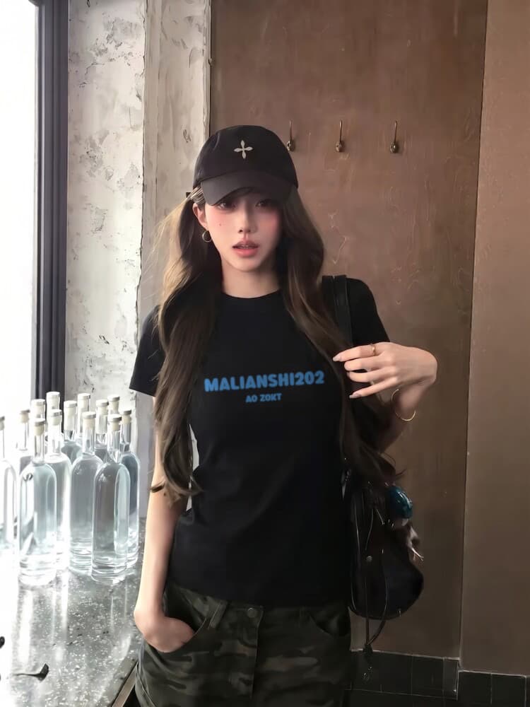 아메리칸 레트로 순면 몸매 가꾸기 긍정적 인 어깨 라운드 넥 프린트 반팔 티셔츠 상세 이미지 1