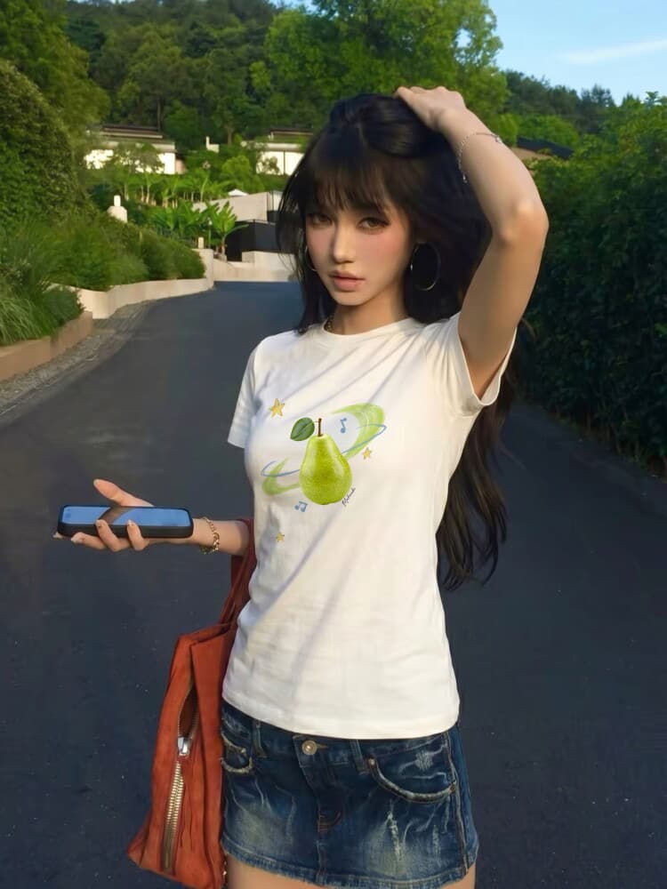 아메리칸 레트로 순면 몸매 가꾸기 긍정적 인 어깨 라운드 넥 프린트 반팔 티셔츠 이미지 4