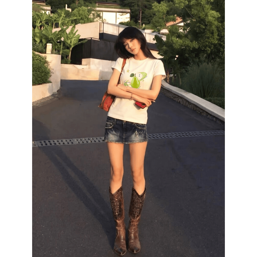 아메리칸 레트로 순면 몸매 가꾸기 긍정적 인 어깨 라운드 넥 프린트 반팔 티셔츠 이미지 5