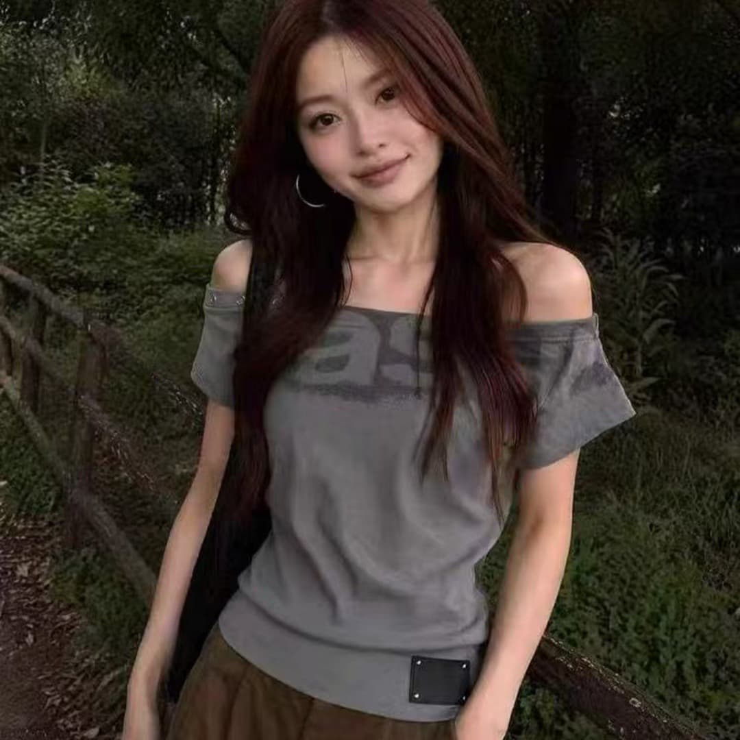 아메리칸 핫걸 비스듬한 어깨 허리 수축 반팔 티셔츠 이미지 4