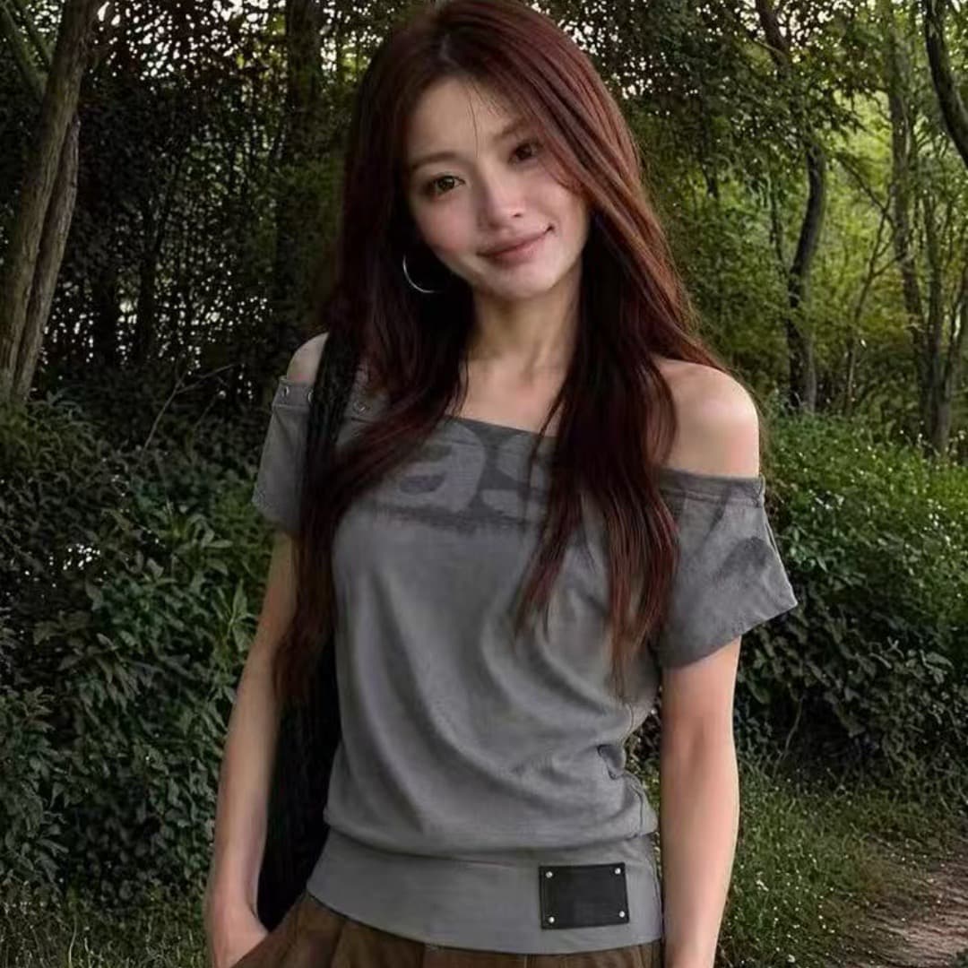 아메리칸 핫걸 비스듬한 어깨 허리 수축 반팔 티셔츠 상세 이미지 5