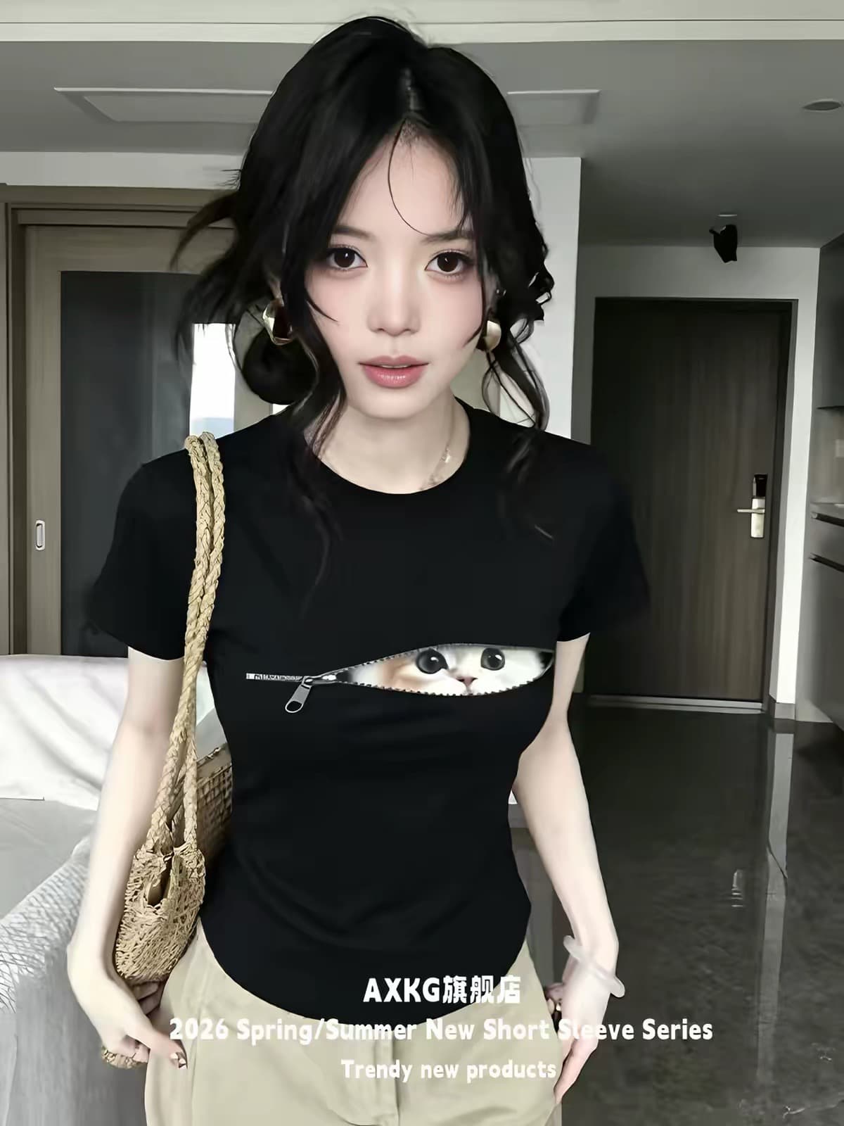 아메리칸 레트로 순면 몸매 가꾸기 긍정적 인 어깨 라운드 넥 프린트 반팔 티셔츠 상세 이미지 4