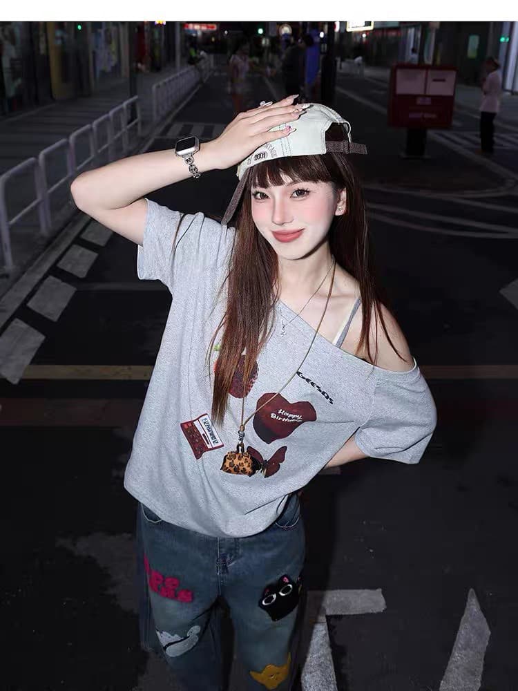 220 그램 92 면 8 암모니아 Lun 아메리칸 핫걸 비스듬한 어깨 알파벳 프린트 반팔 티셔츠 여성 상세 이미지 3