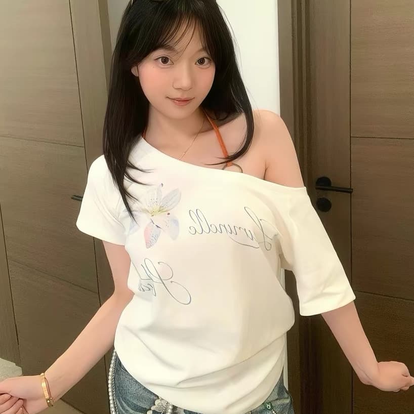 220 그램 92 면 8 암모니아 Lun 아메리칸 핫걸 비스듬한 어깨 알파벳 프린트 반팔 티셔츠 여성 상세 이미지 1