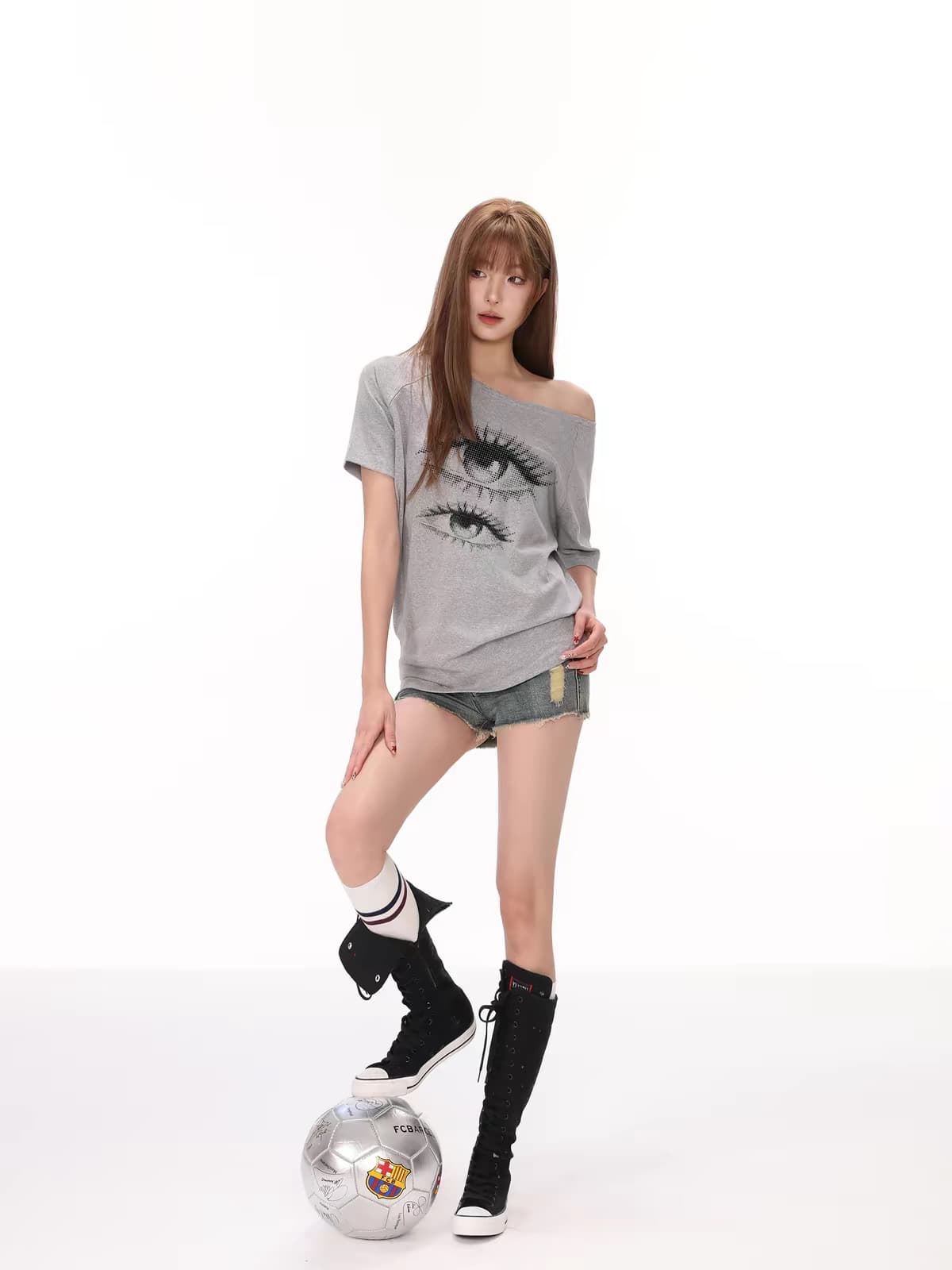 220 그램 92 면 8 암모니아 Lun 아메리칸 핫걸 비스듬한 어깨 알파벳 프린트 반팔 티셔츠 여성 상세 이미지 4
