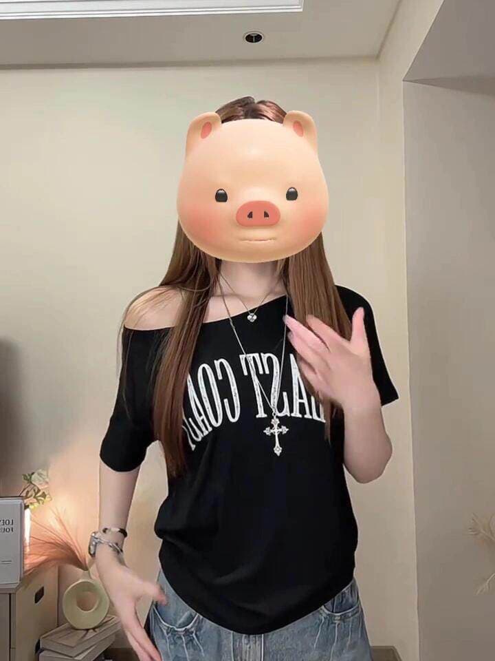 한 부서 순면 비스듬한 어깨 핫걸 프린트 반팔 티셔츠 상세 이미지 1