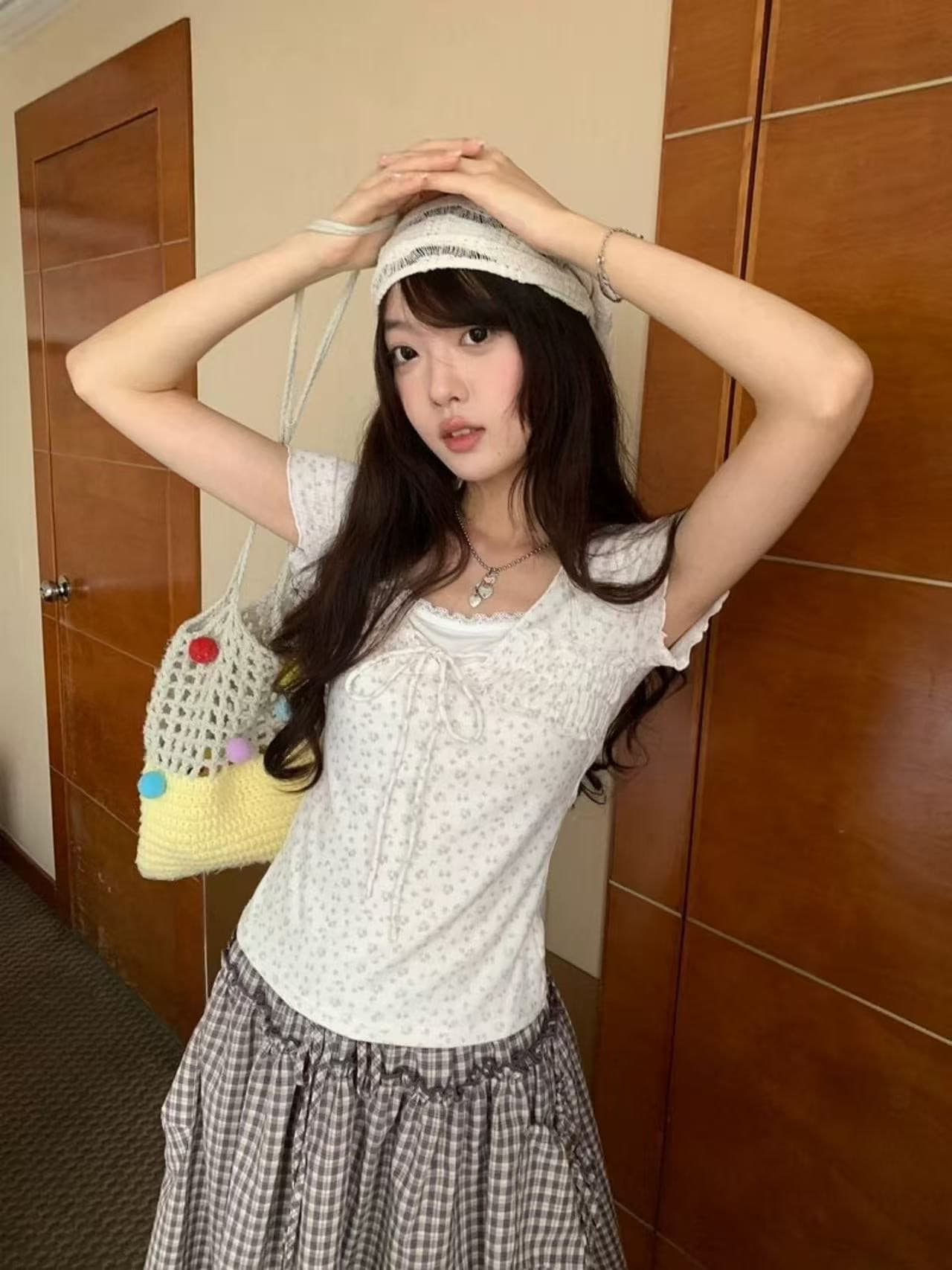 260 그램 사람들 면 모달 꽃무늬 페이크 레이어드 반팔 티셔츠 여성 몸매 가꾸기 맨위 이미지 2