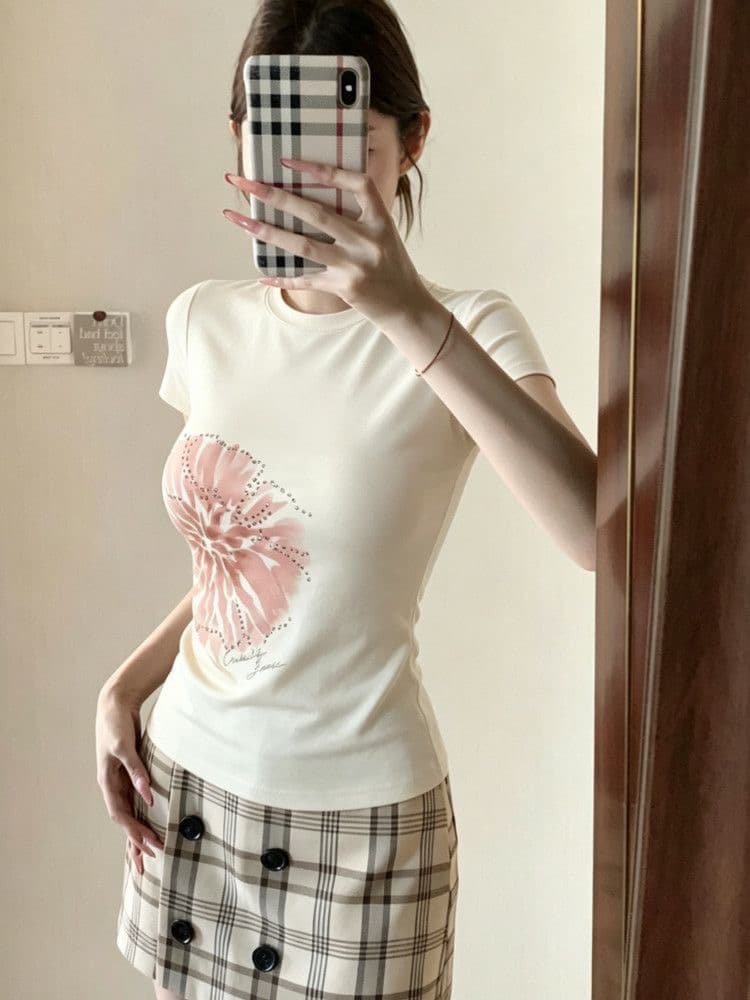 210 그램 40 좋은 면 1 1 핑크색 꽃 여름 순수한 욕망 핫픽스 반팔 티셔츠 여성 이미지 2