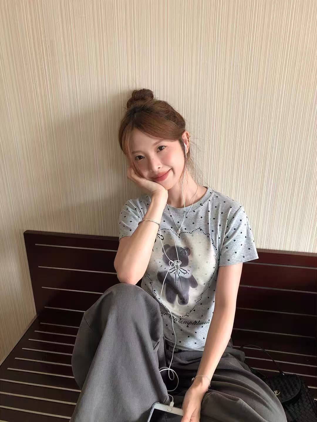 아메리칸 레트로 순면 도트 무늬 긍정적 인 어깨 라운드 넥 프린트 반팔 티셔츠 상세 이미지 1