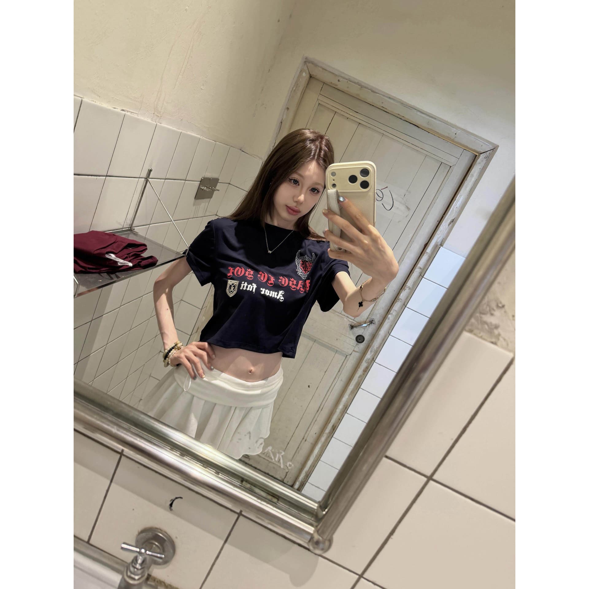 아메리칸 레트로 순면 핫걸 쇼트 스타일 라운드 넥 프린트 반팔 티셔츠 이미지 5