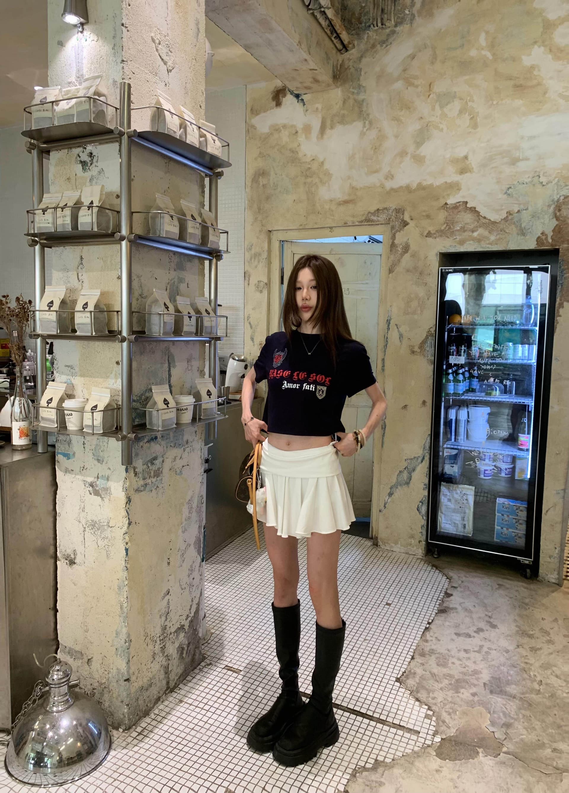 아메리칸 레트로 순면 핫걸 쇼트 스타일 라운드 넥 프린트 반팔 티셔츠 상세 이미지 3