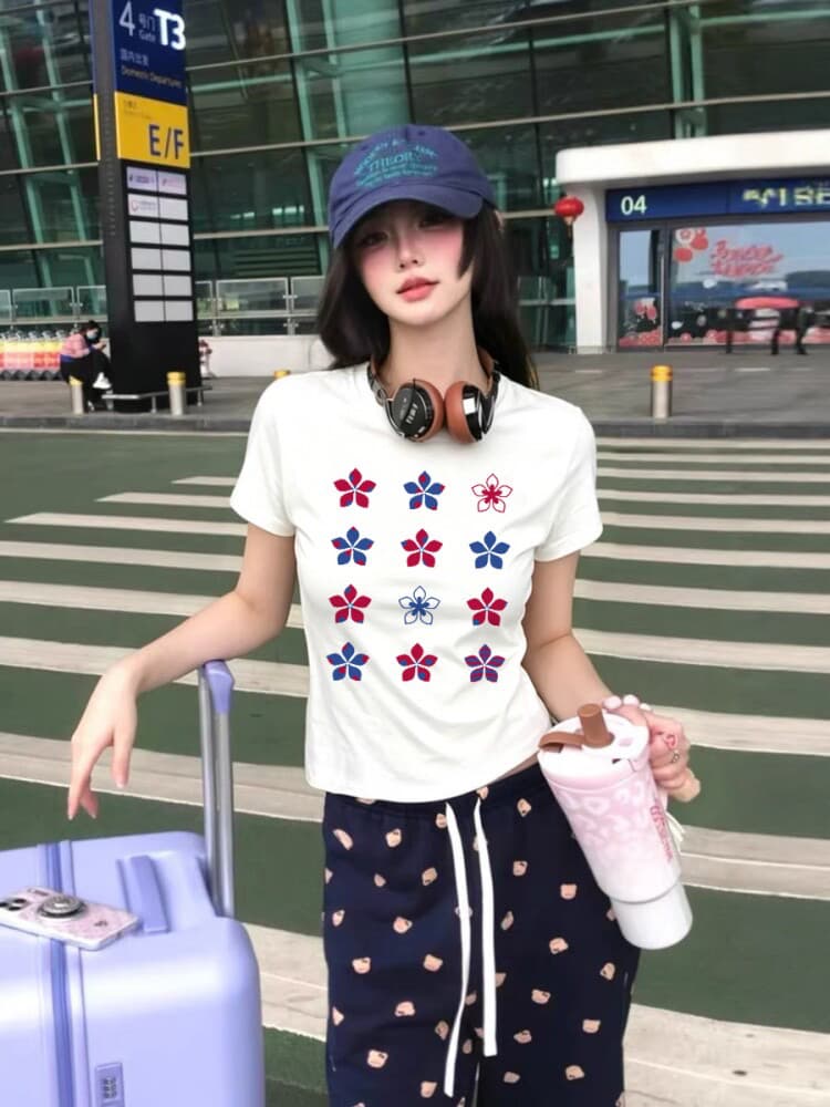 아메리칸 레트로 순면 긍정적 인 어깨 라운드 넥 프린트 반팔 티셔츠 이미지 3