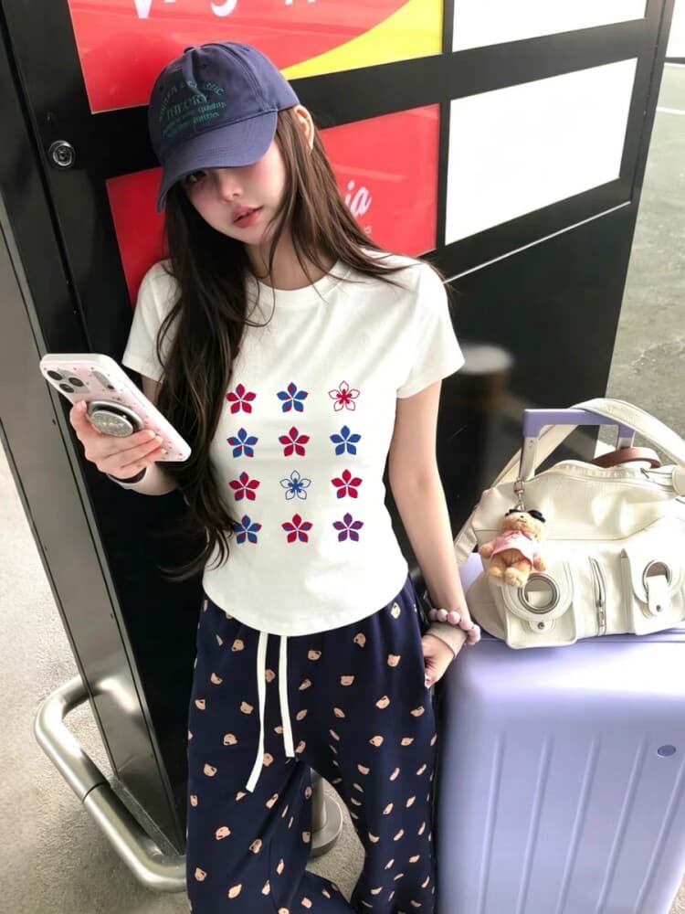 아메리칸 레트로 순면 긍정적 인 어깨 라운드 넥 프린트 반팔 티셔츠 이미지 4