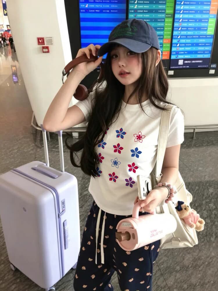 아메리칸 레트로 순면 긍정적 인 어깨 라운드 넥 프린트 반팔 티셔츠 상세 이미지 1