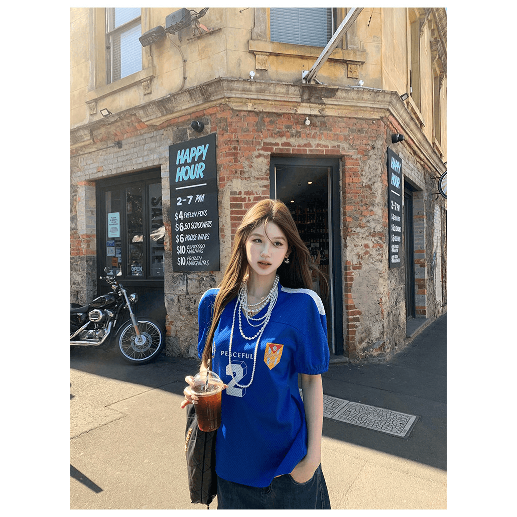 원단 버드 눈 프린트 새로운 아메리칸 레트로 V넥 저지 프린트 티셔츠 여성 루즈핏 캐주얼 맨위 이미지 5