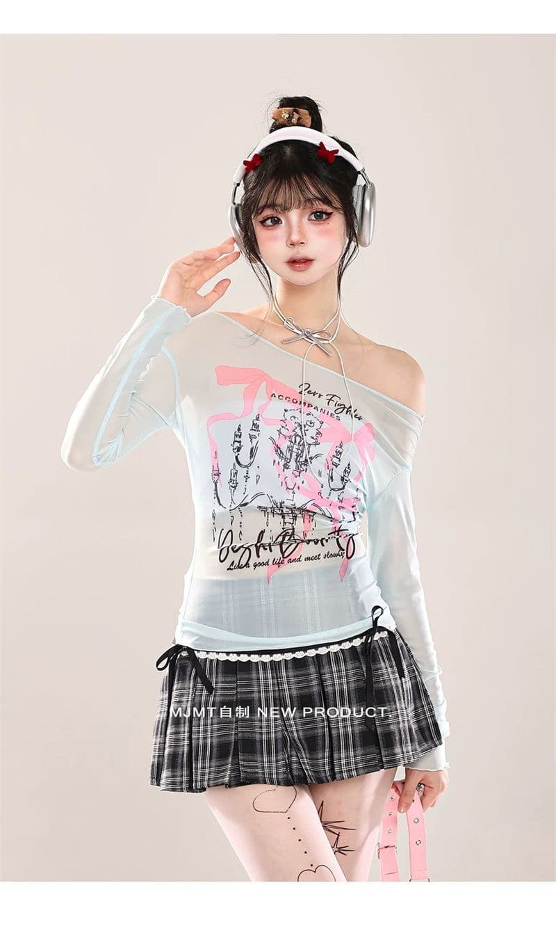 아메리칸 양초 낙서 오프숄더 긴팔 티셔츠 여성 순수한 욕망 바람 레이스 블라우스 이미지 2