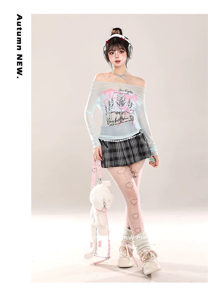아메리칸 양초 낙서 오프숄더 긴팔 티셔츠 여성 순수한 욕망 바람 레이스 블라우스 상세 이미지 5
