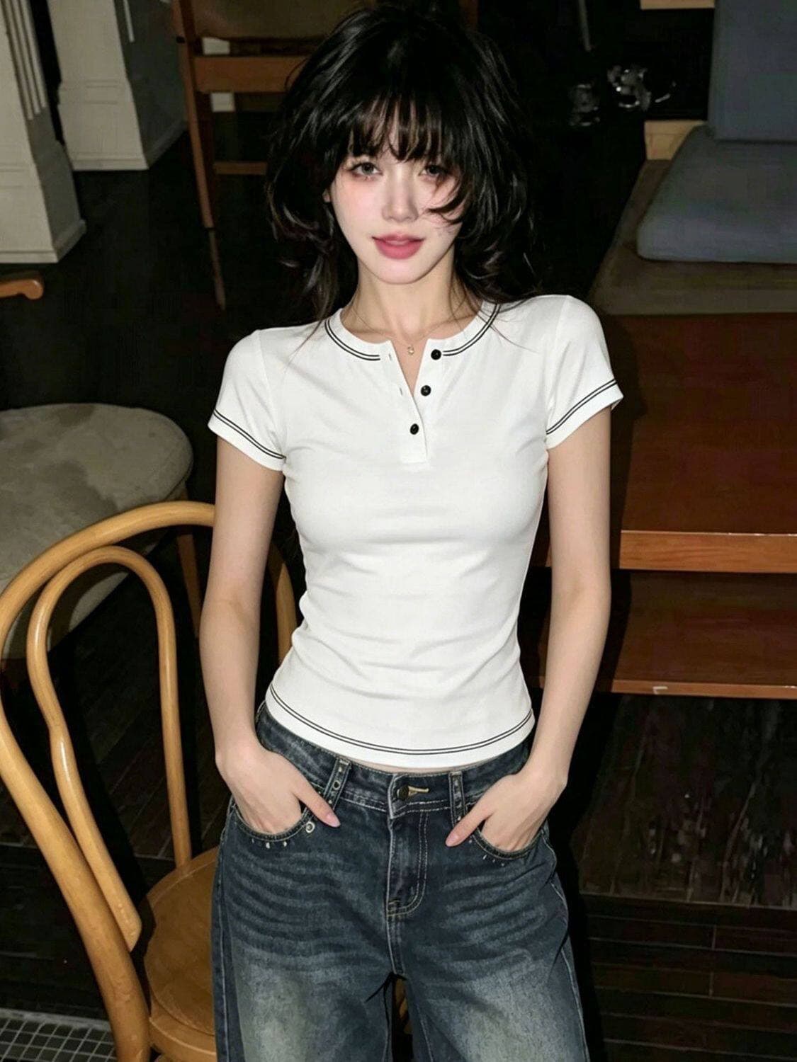 210 그램 40 좋은 면 1 1 긍정적 인 어깨 아름다운 새로운 폭발 배색 단추 반팔 티셔츠 상세 이미지 3