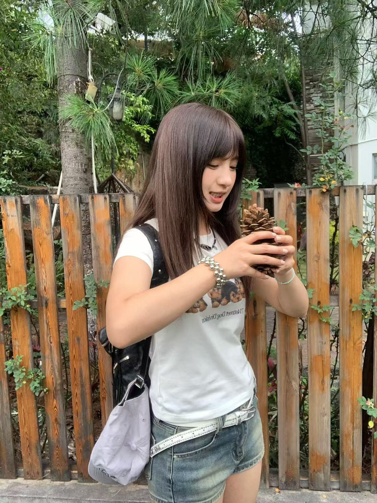 아메리칸 레트로 순면 긍정적 인 어깨 라운드 넥 프린트 반팔 티셔츠 이미지 3