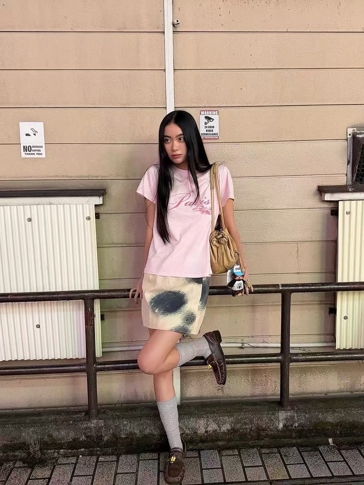 아메리칸 레트로 순면 긍정적 인 어깨 라운드 넥 프린트 반팔 티셔츠 상세 이미지 5