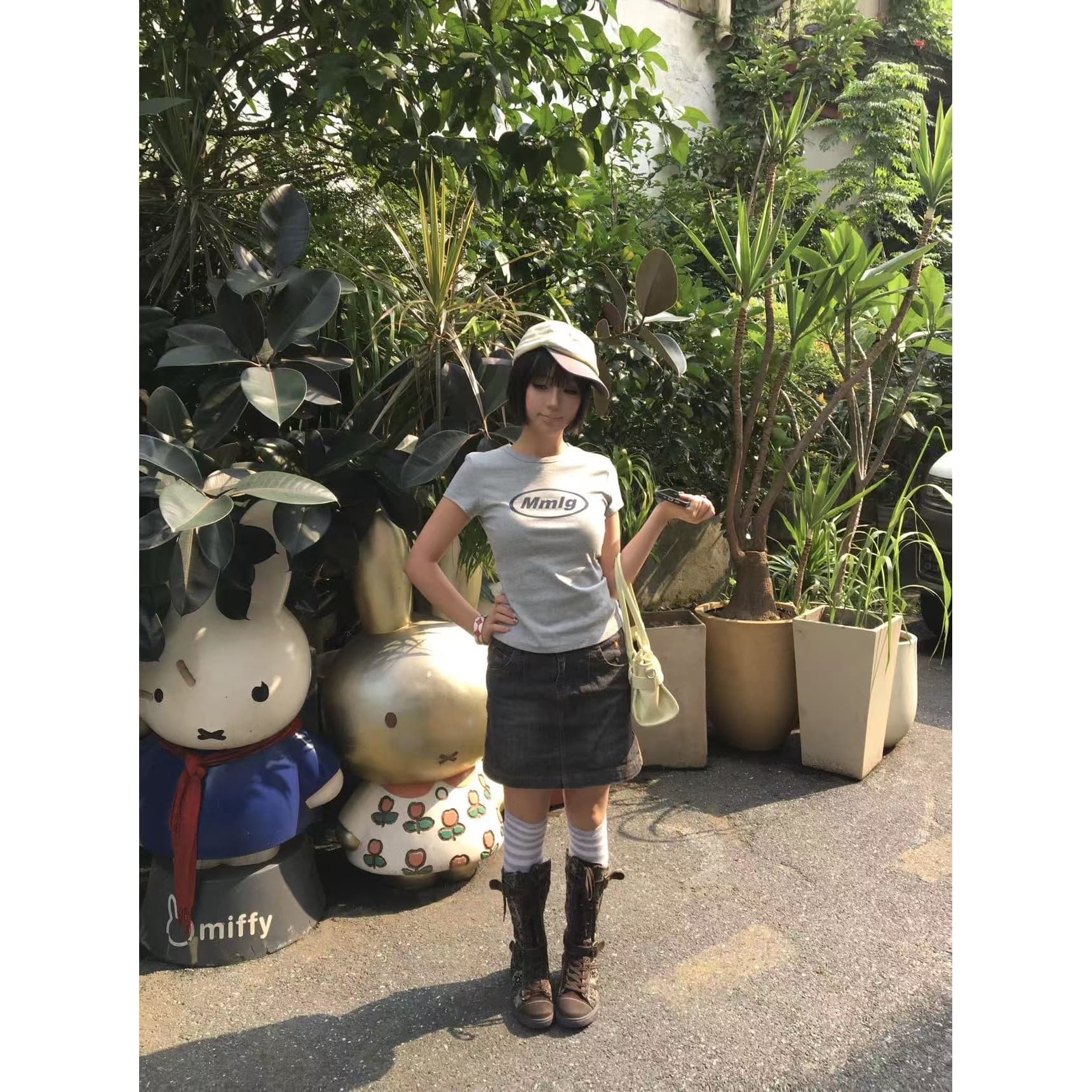 아메리칸 레트로 순면 긍정적 인 어깨 라운드 넥 프린트 반팔 티셔츠 이미지 5