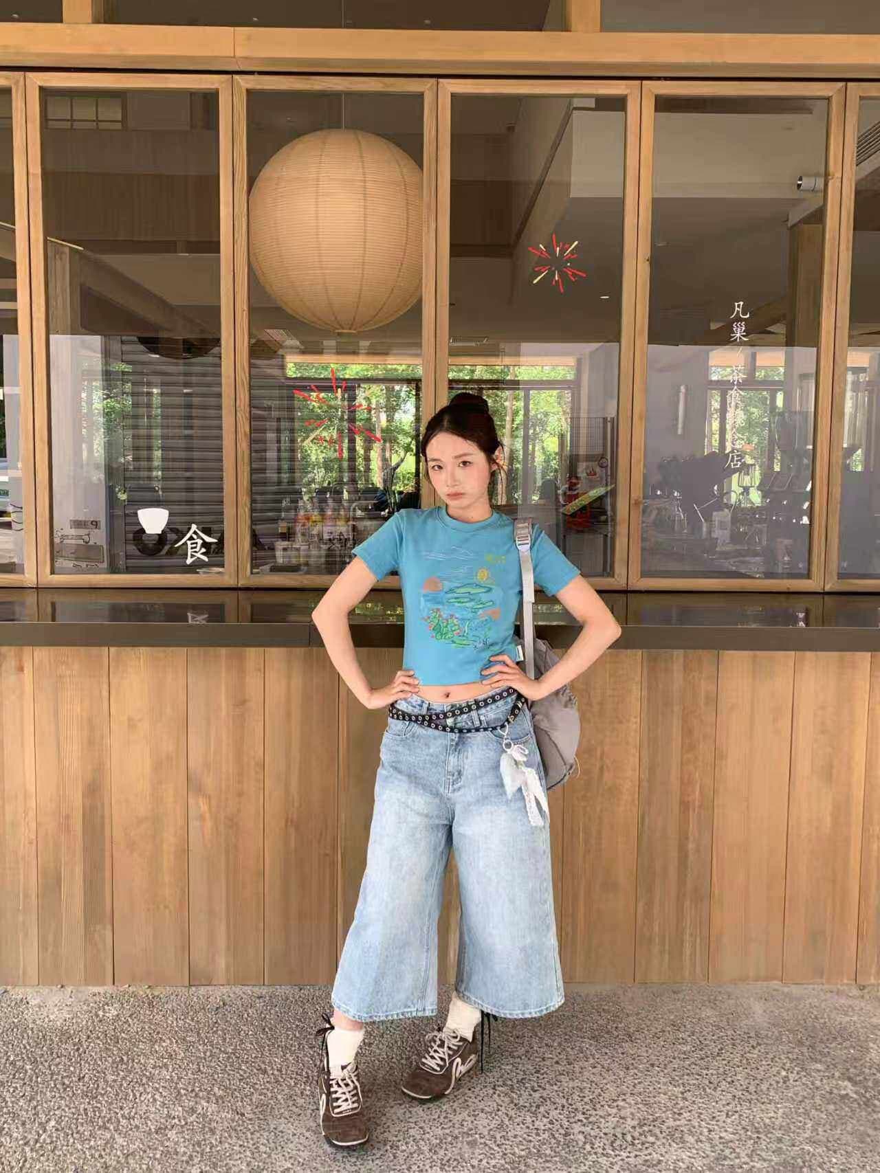 한 스타일 고급 센스 프린트 몸매 가꾸기 긍정적 인 어깨 티셔츠 여성 여름 라운드 넥 반팔 상세 이미지 2