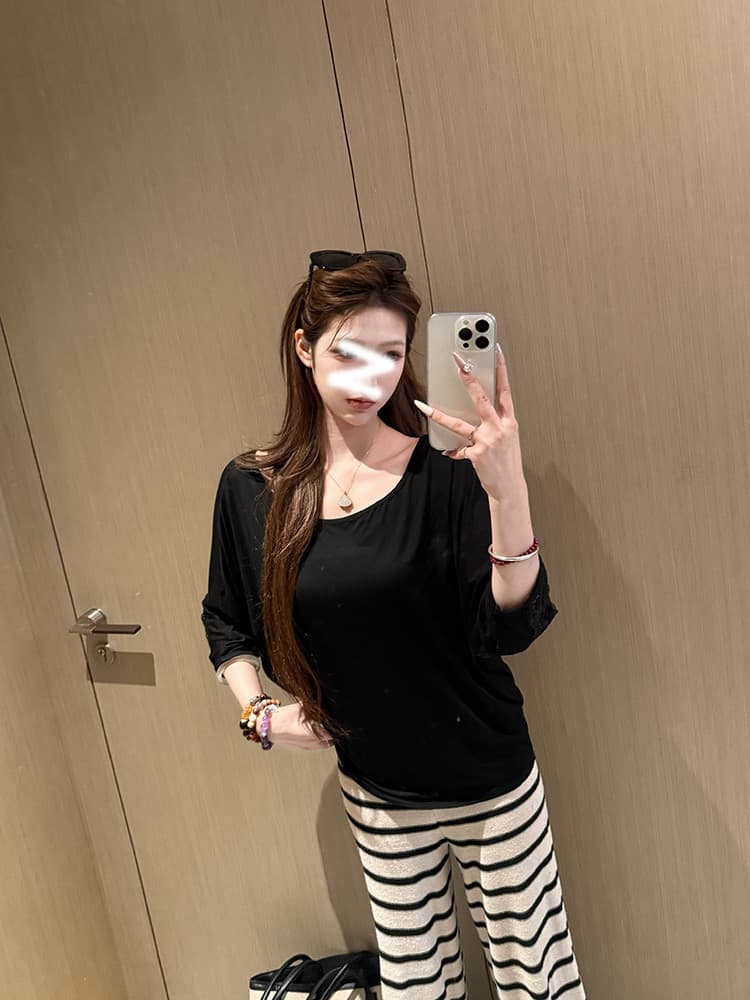 모달 사람들 면 200그램 원본 대 핏 스타일 홀로우 아웃 레이스 여름 자외선 차단 블라우스 루즈핏 맨위 상세 이미지 3