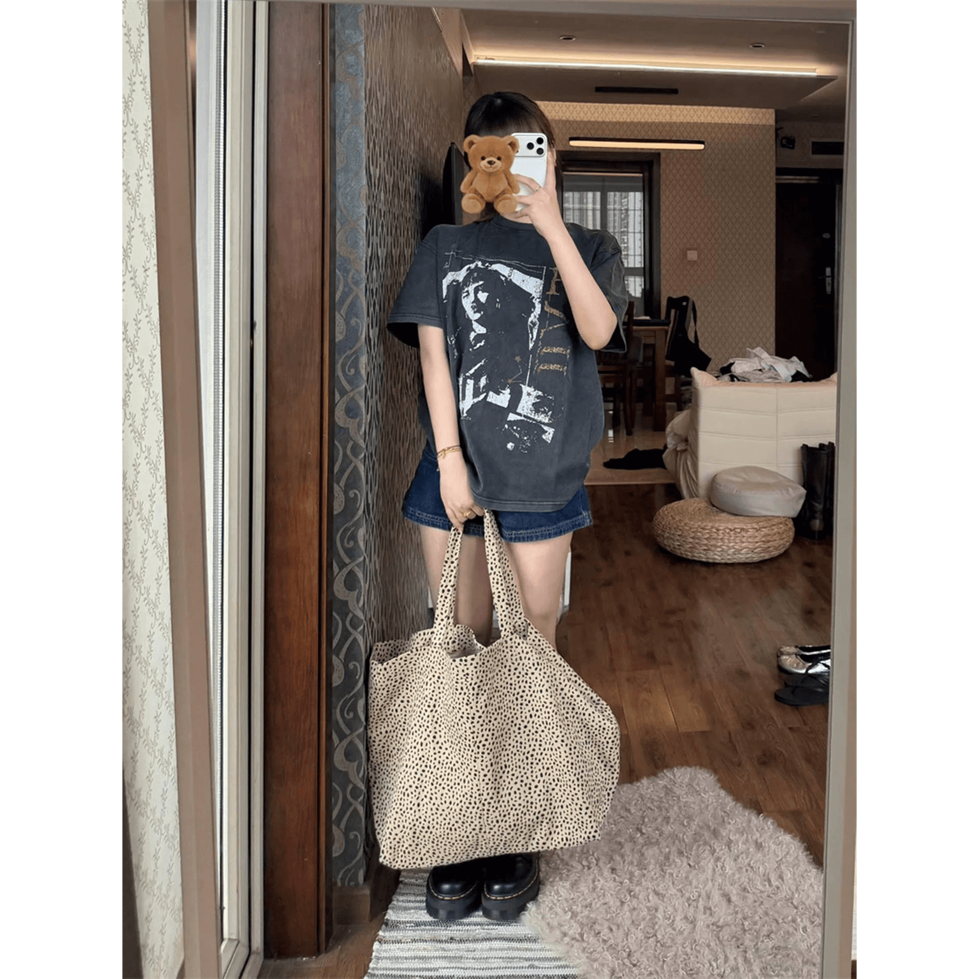 순면 230 크 워싱 마 오래된 프린트 반팔 티셔츠 여성 이미지 5