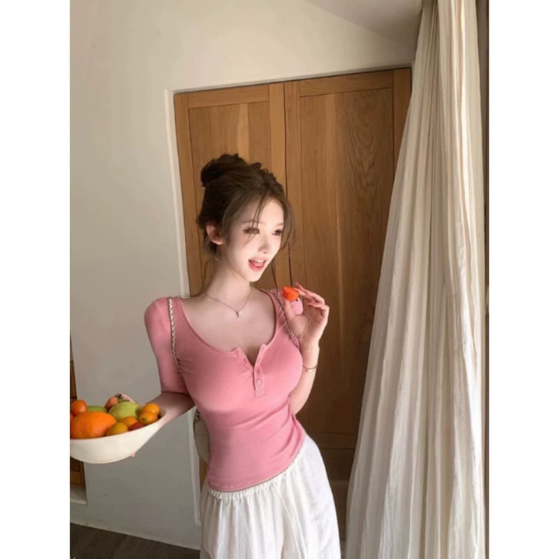원본 사람들 면 260 그램 순수한 욕망 핫걸 V넥 긍정적 인 어깨 반팔 티셔츠 여름 슬림해 보이는 맨위 상세 이미지 1