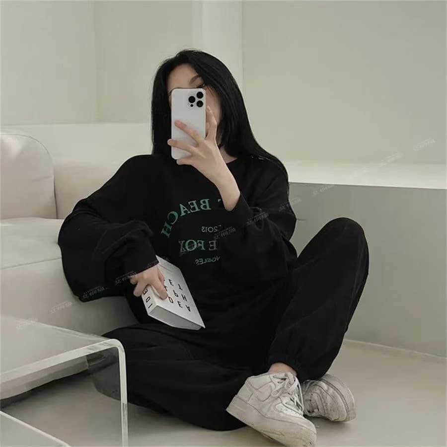 통통한 여동생 이른 가을 운동 캐주얼 학생 세트 여성 루즈핏 후드티 웨이 바지 투피스 세트 봄 한국 스타일 상세 이미지 5