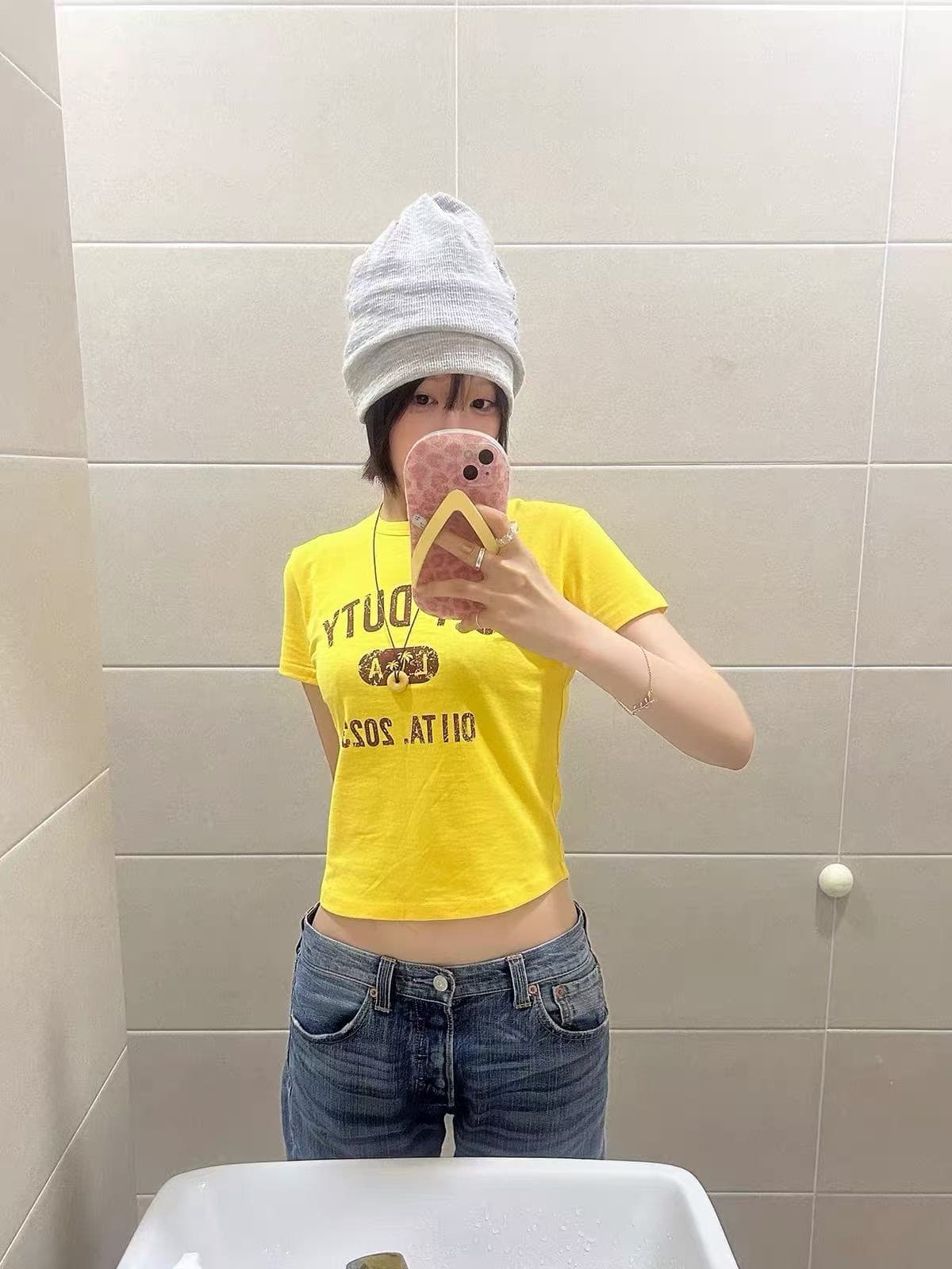 아메리칸 레트로 순면 몸매 가꾸기 긍정적 인 어깨 라운드 넥 프린트 반팔 티셔츠 이미지 4