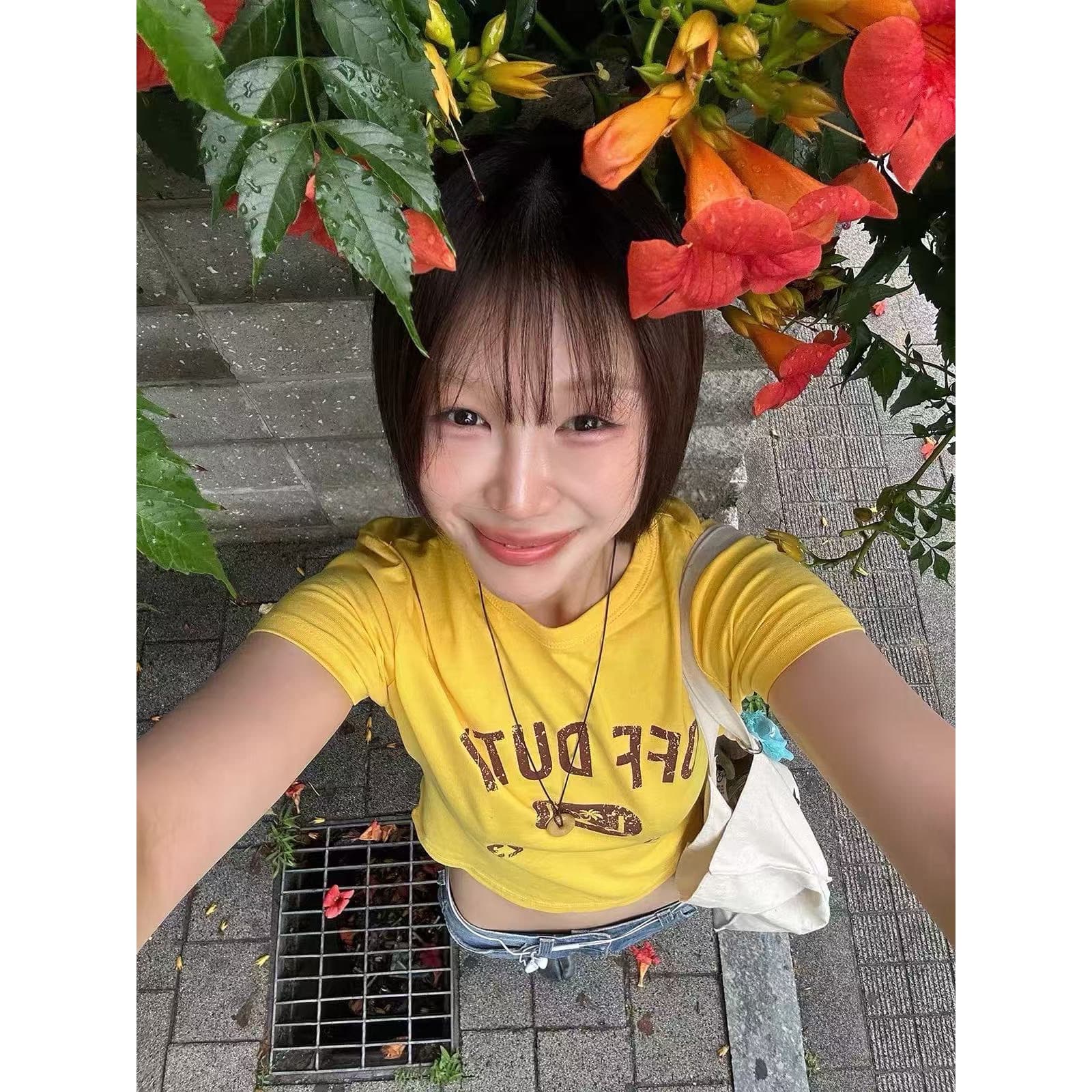 아메리칸 레트로 순면 몸매 가꾸기 긍정적 인 어깨 라운드 넥 프린트 반팔 티셔츠 이미지 5