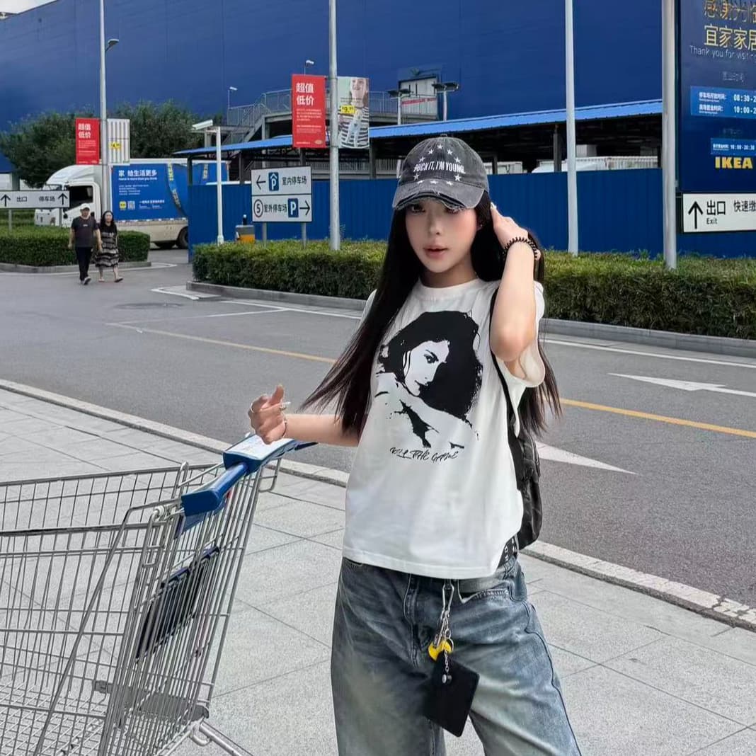 아메리칸 레트로 순면 몸매 가꾸기 긍정적 인 어깨 라운드 넥 프린트 반팔 티셔츠 이미지 4