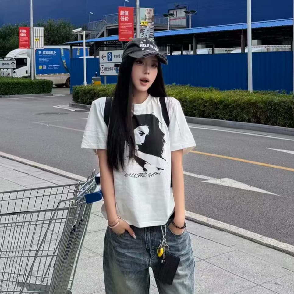 아메리칸 레트로 순면 몸매 가꾸기 긍정적 인 어깨 라운드 넥 프린트 반팔 티셔츠 상세 이미지 1