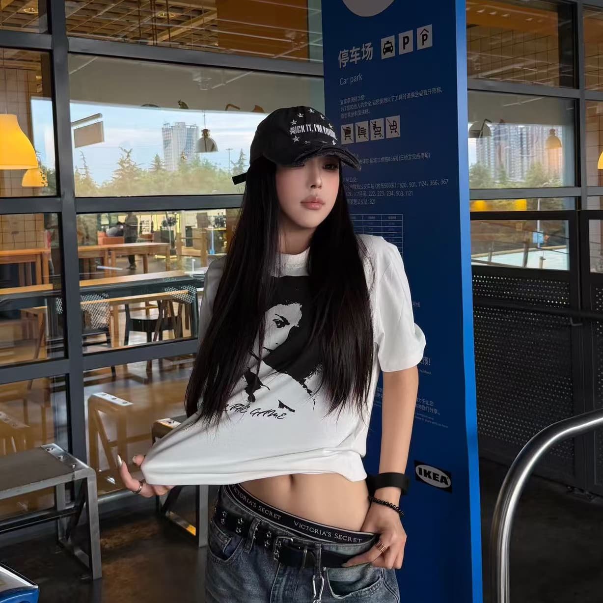 아메리칸 레트로 순면 몸매 가꾸기 긍정적 인 어깨 라운드 넥 프린트 반팔 티셔츠 상세 이미지 2
