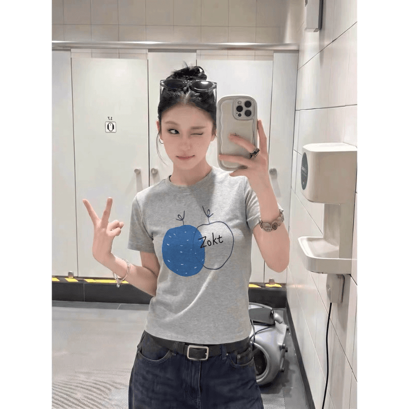 아메리칸 레트로 순면 몸매 가꾸기 긍정적 인 어깨 라운드 넥 프린트 반팔 티셔츠 이미지 5