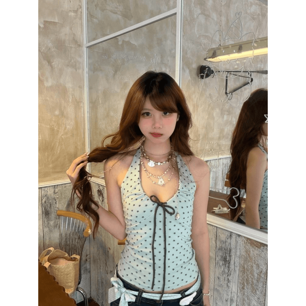 210 그램 40 순면 행침 목 캐미솔 별 프린트 V넥 몸매 가꾸기 민소매 맨위 이미지 5