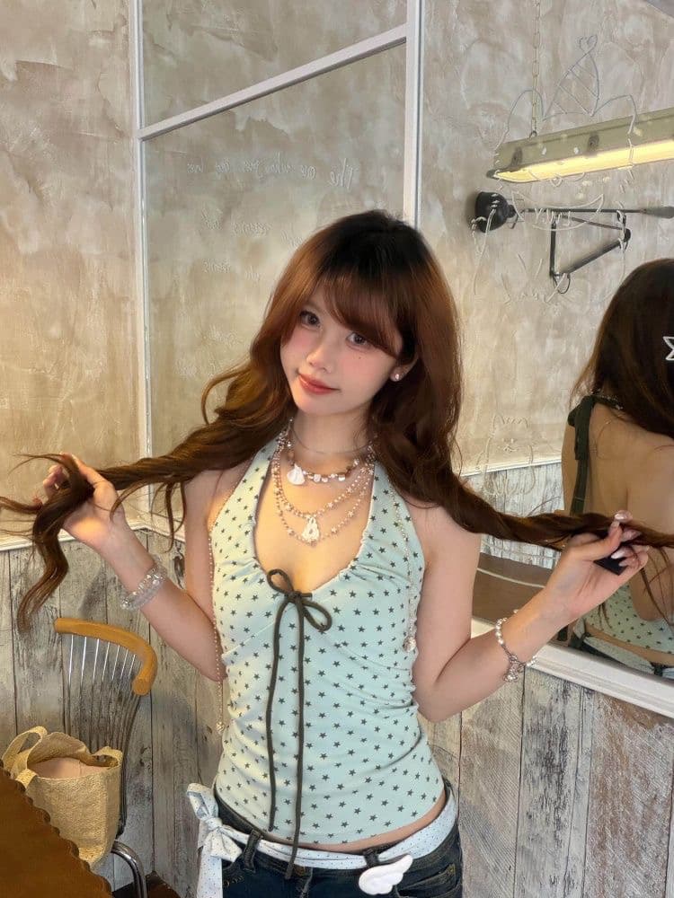 210 그램 40 순면 행침 목 캐미솔 별 프린트 V넥 몸매 가꾸기 민소매 맨위 상세 이미지 3
