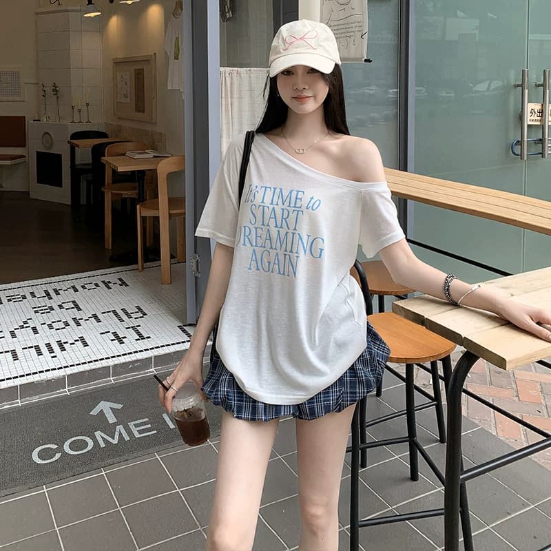 눈꽃 면 165 그램 한 부서 패션 알파벳 프린트 비스듬한 어깨 반팔 티셔츠 상세 이미지 4