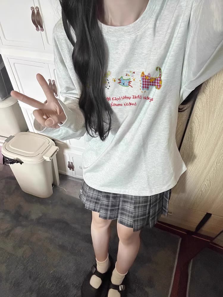 한 부서 순면 라운드 넥 프린트 가을 의상 긴팔 티셔츠 여성 루즈핏 이미지 3