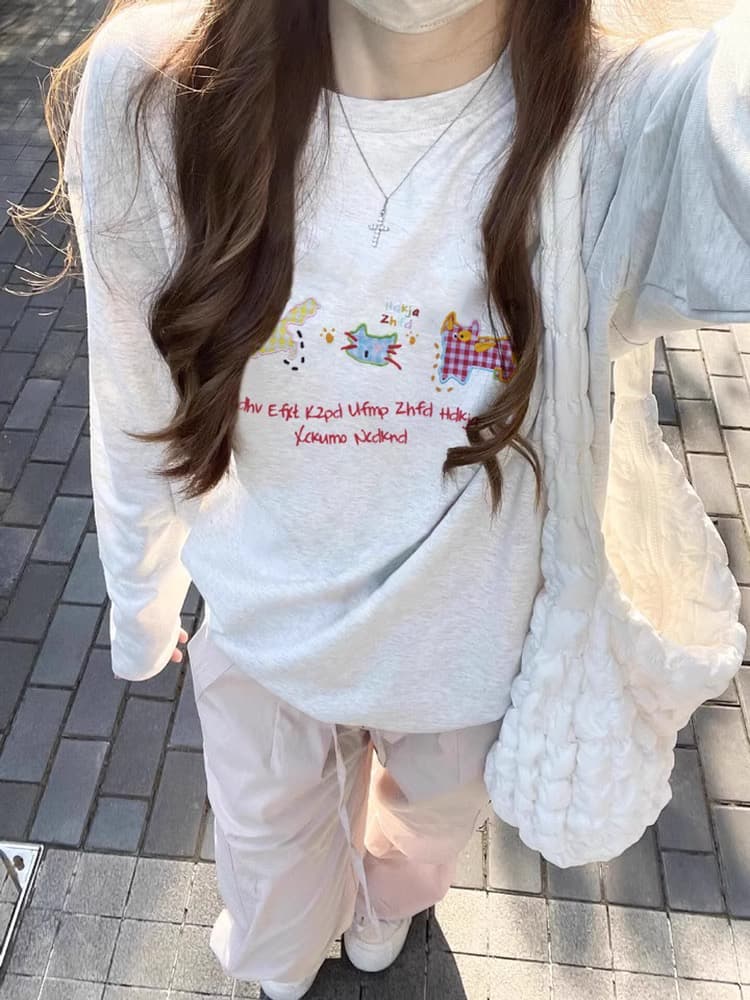 한 부서 순면 라운드 넥 프린트 가을 의상 긴팔 티셔츠 여성 루즈핏 상세 이미지 2