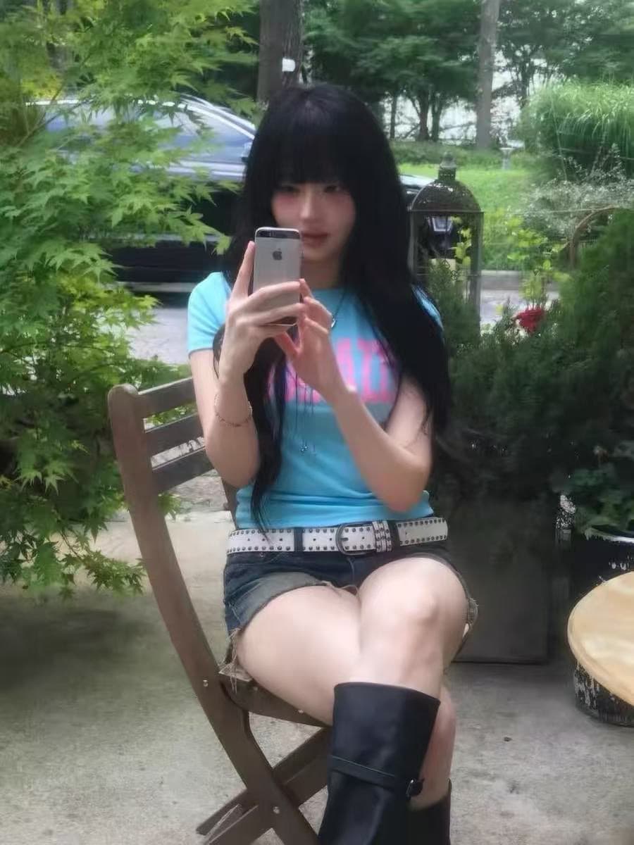 아메리칸 레트로 순면 몸매 가꾸기 긍정적 인 어깨 라운드 넥 프린트 반팔 티셔츠 이미지 4