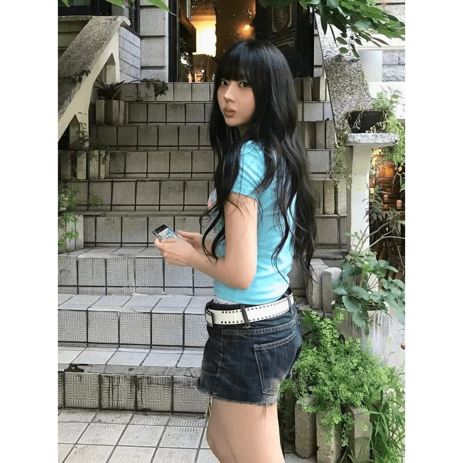 아메리칸 레트로 순면 몸매 가꾸기 긍정적 인 어깨 라운드 넥 프린트 반팔 티셔츠 이미지 5