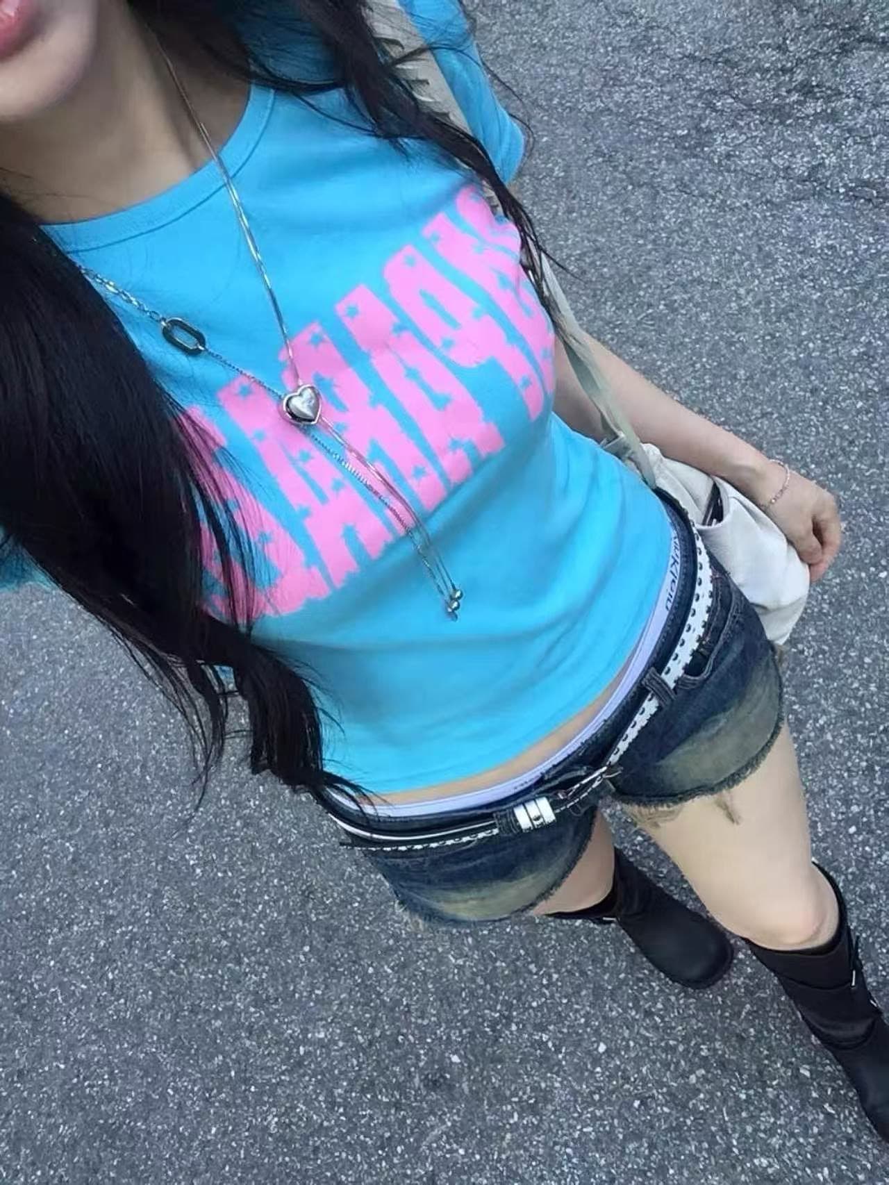 아메리칸 레트로 순면 몸매 가꾸기 긍정적 인 어깨 라운드 넥 프린트 반팔 티셔츠 상세 이미지 1