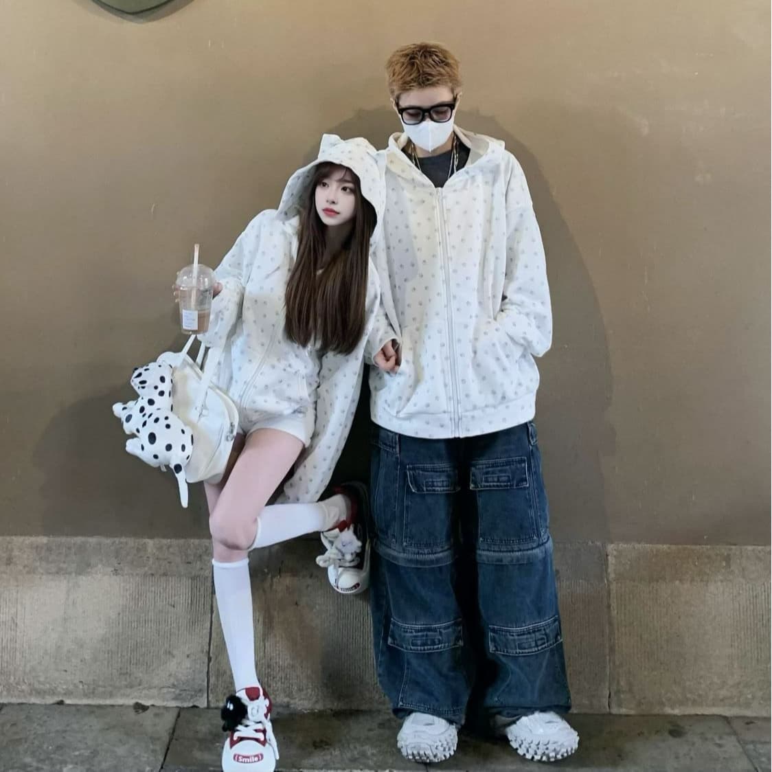 얇은 스타일 털이 있는 원본 은 분말 프린트 귀여운 새끼 고양이 귀 후드 오픈 가디건 후드티 여성 상세 이미지 5
