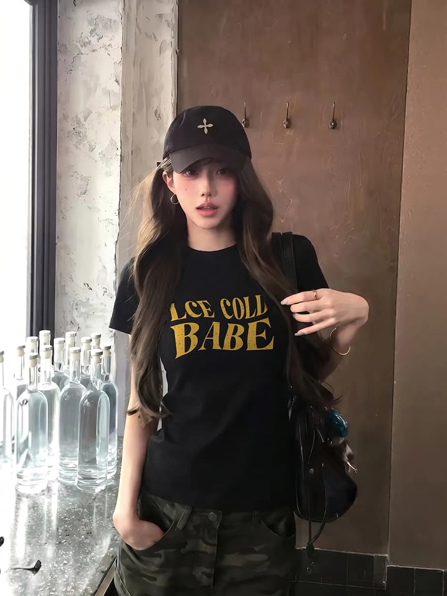 아메리칸 레트로 순면 몸매 가꾸기 긍정적 인 어깨 라운드 넥 프린트 반팔 티셔츠 이미지 2